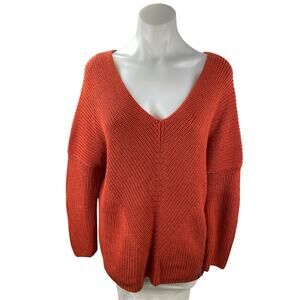 Super Dry Women's Rust Coral Ribbed Knit V Neck Long Sleeve Sweater Top Size 8